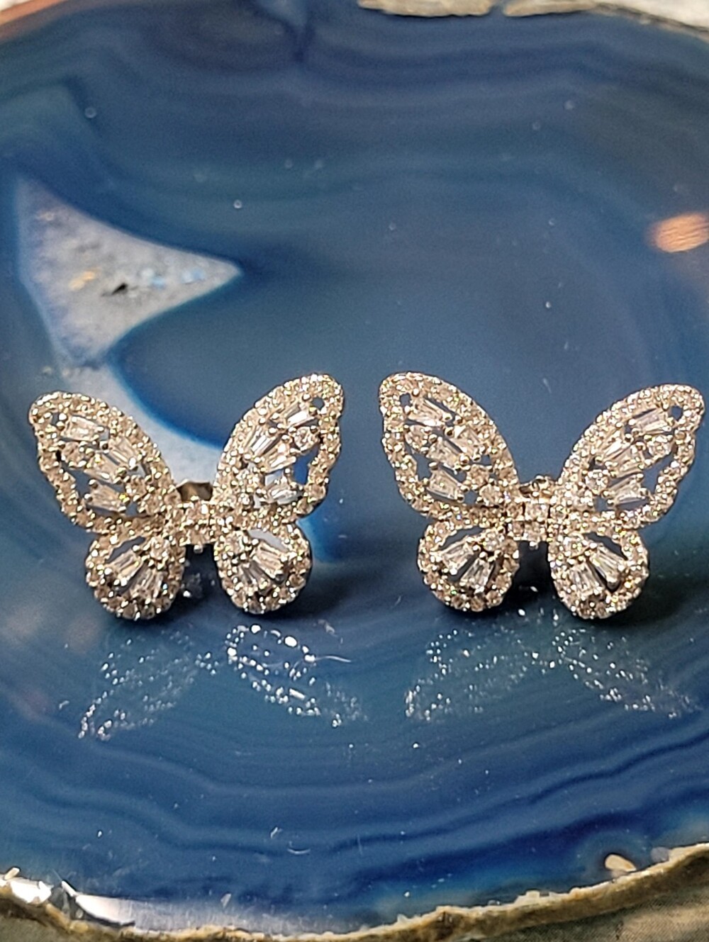 Sterling Silver Butterfly Cubic Zirconia Stud Earrings - Silver